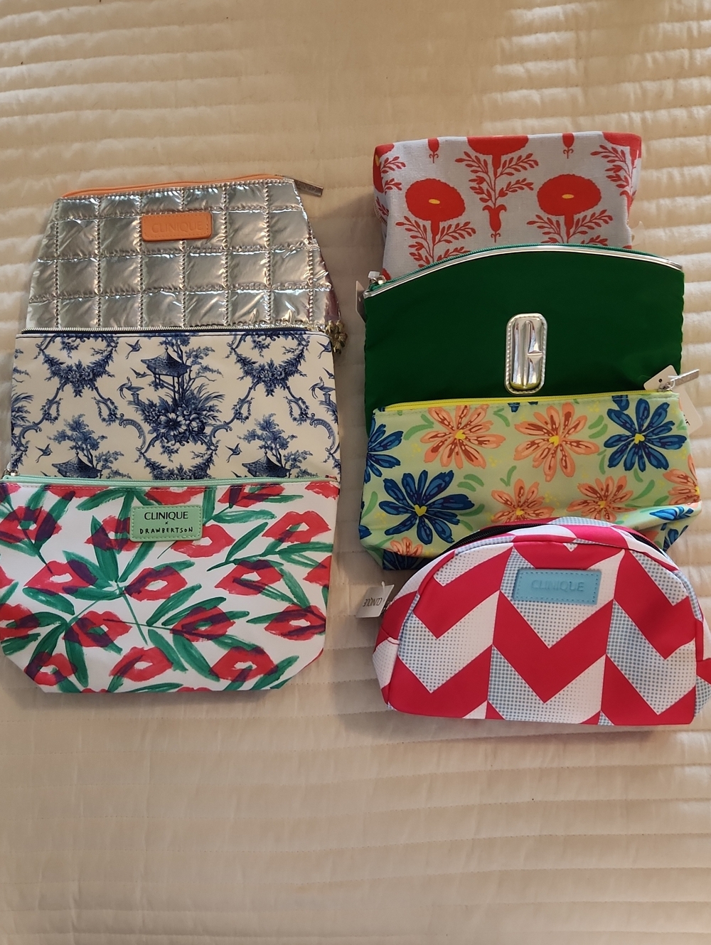 Clinique and Estee Lauder Multi-Pattern Cosmetic Pouchs. Lot of 7.
